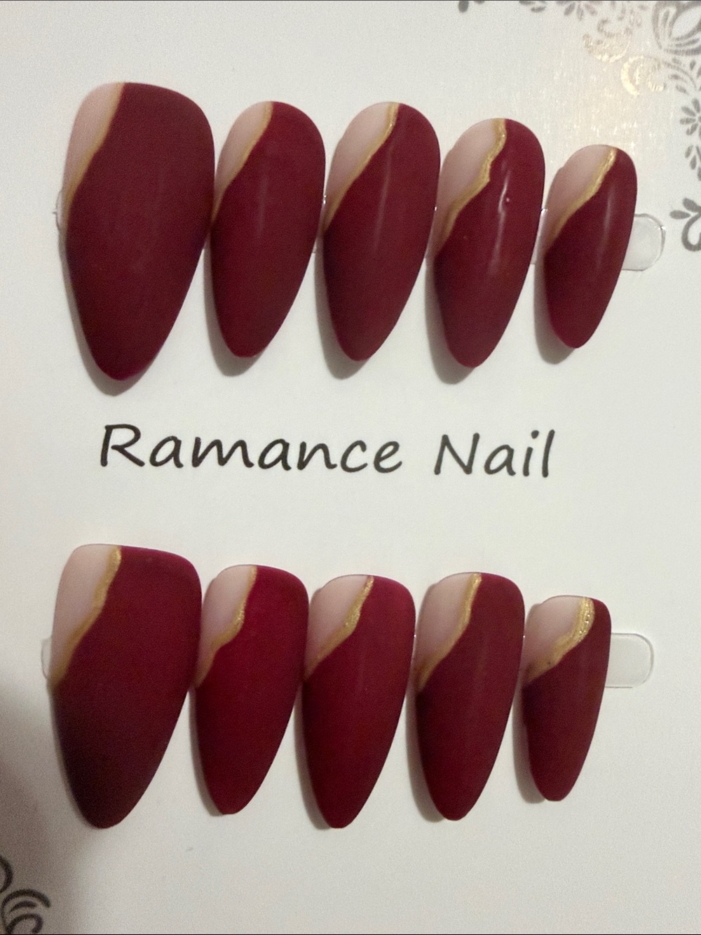 Burgundy & Nude Press-On Set with Gold Accent